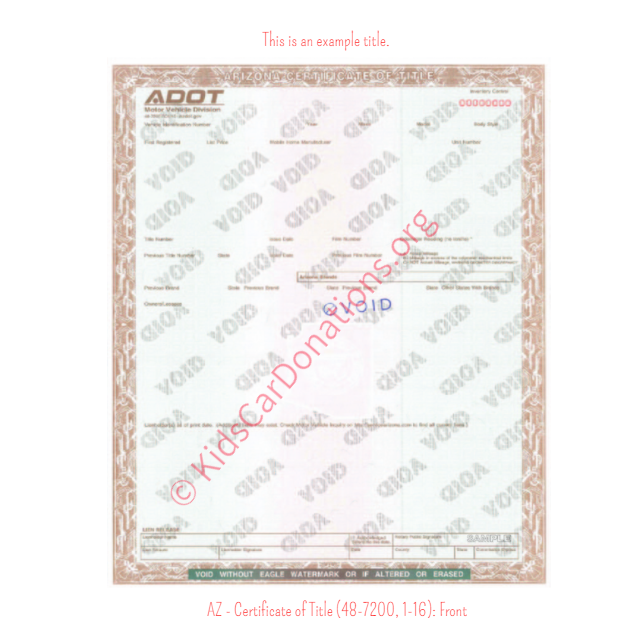Arizona Certificate of Title (48-7200, 1-16) Front | Kids Car Donations